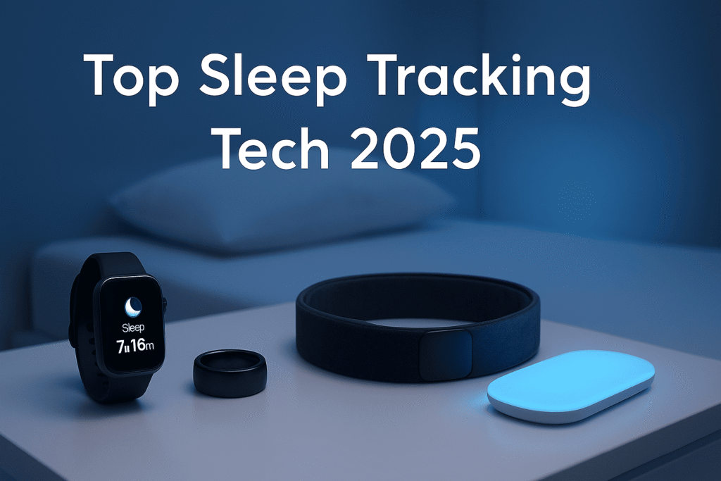 Sleep tracking gadgets on a modern bedside table, including smartwatch, smart ring, and sensor – ExpressZone.co.uk
