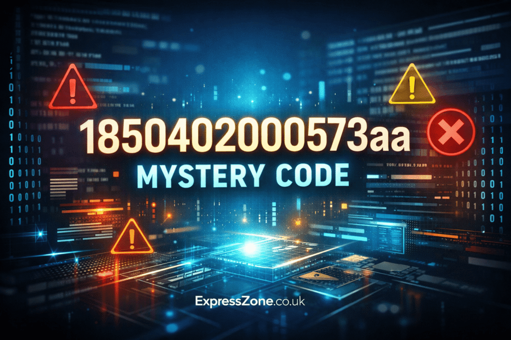 Digital illustration showing 1850402000573aa as a mysterious code with error icons and data streams