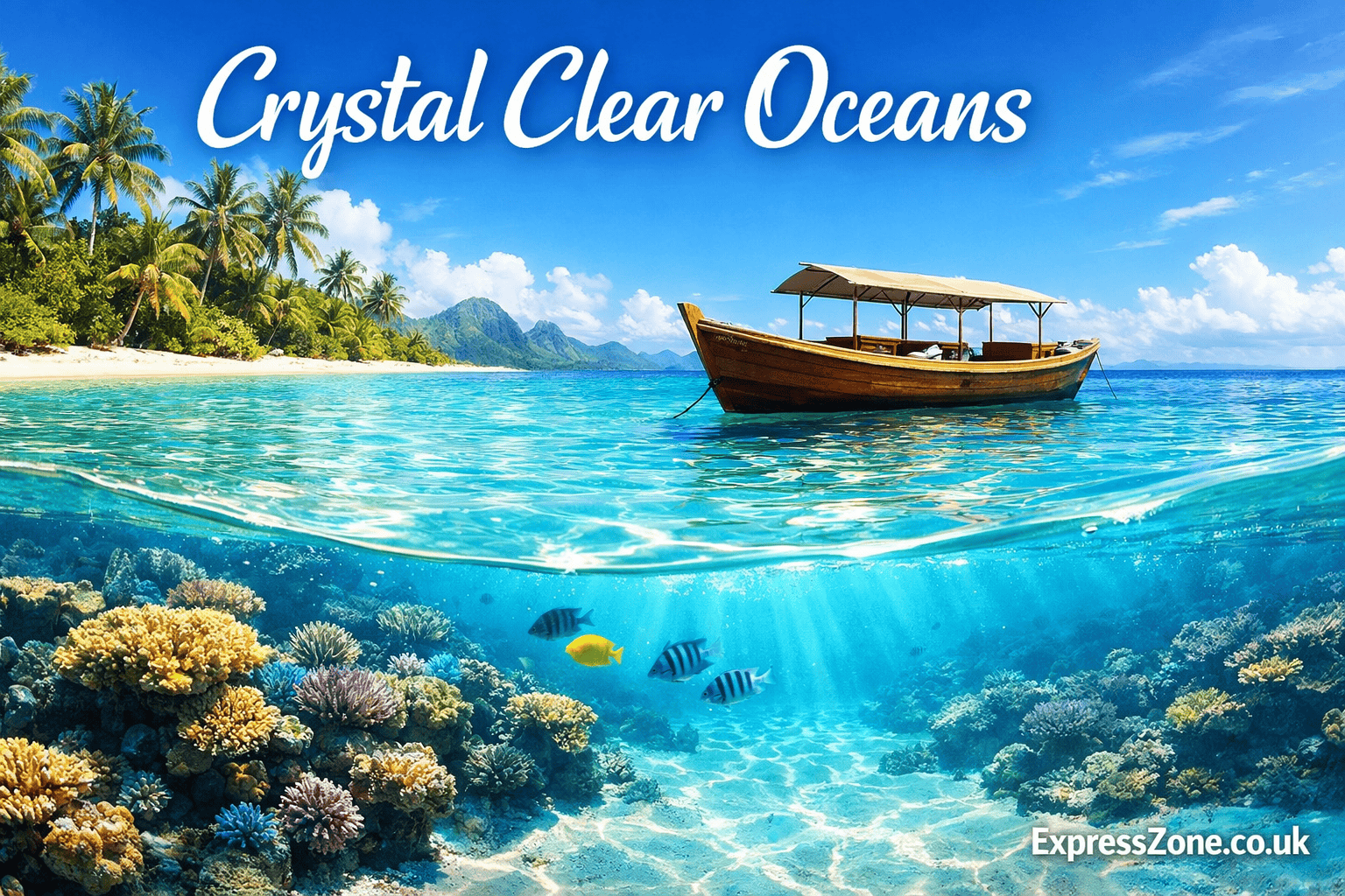 Clearest Ocean Water in the World with crystal clear turquoise sea, tropical island, coral reef, and transparent ocean water
