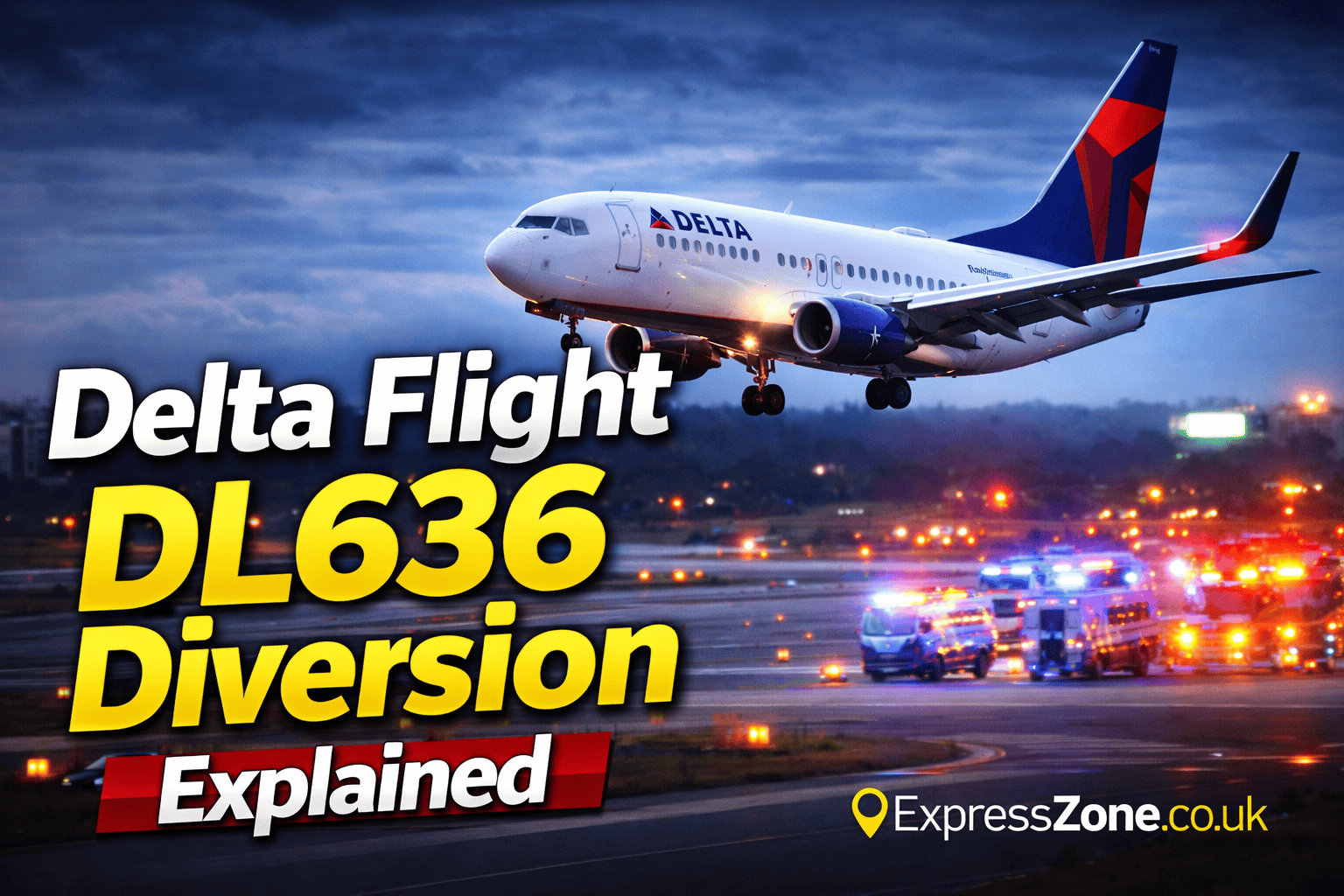 Delta Flight DL636 Diversion airplane landing with emergency vehicles and runway lights