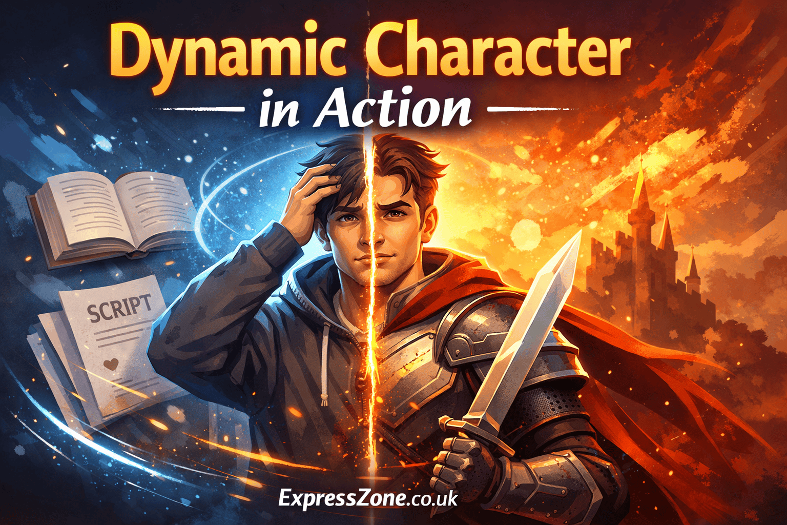 Illustration showing a dynamic character evolving from unsure to confident, representing storytelling and character growth