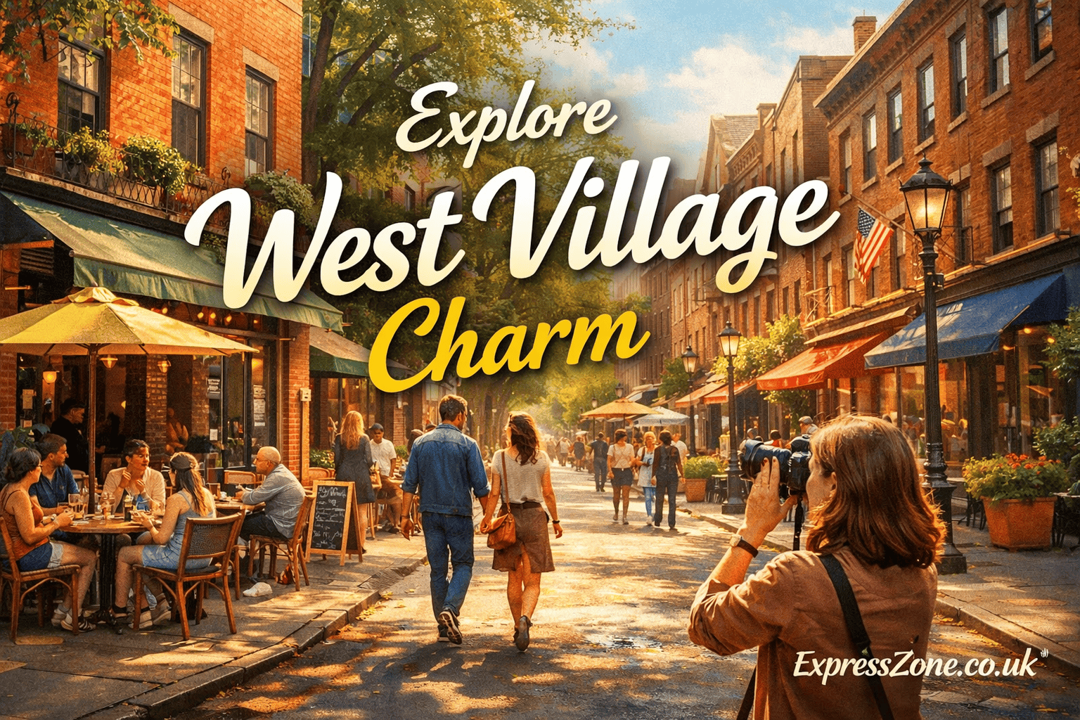 Street scene in West Village NYC with cafes, people walking, and outdoor dining – Things to Do in West Village