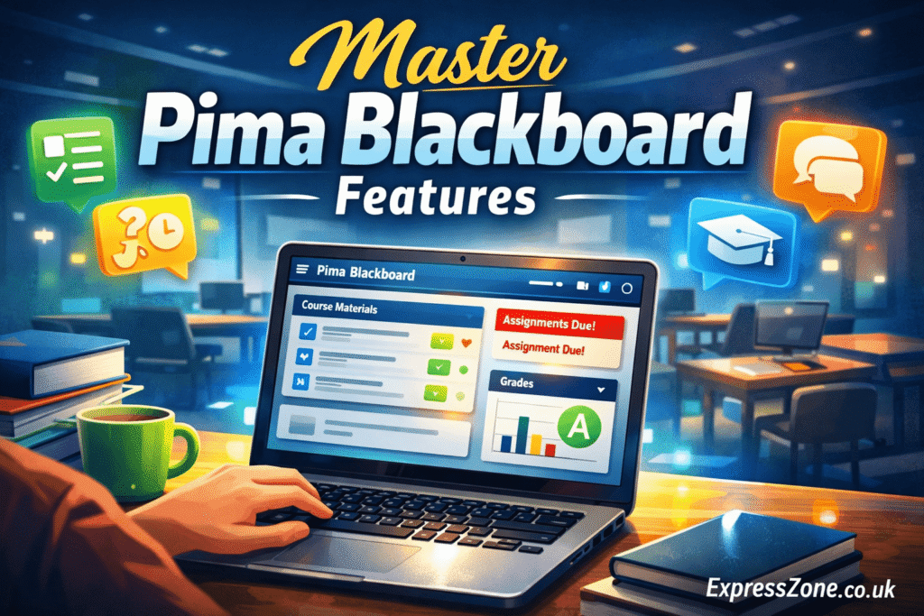 Student using laptop with Pima Blackboard portal displaying course materials, assignments, and grades in a virtual classroom