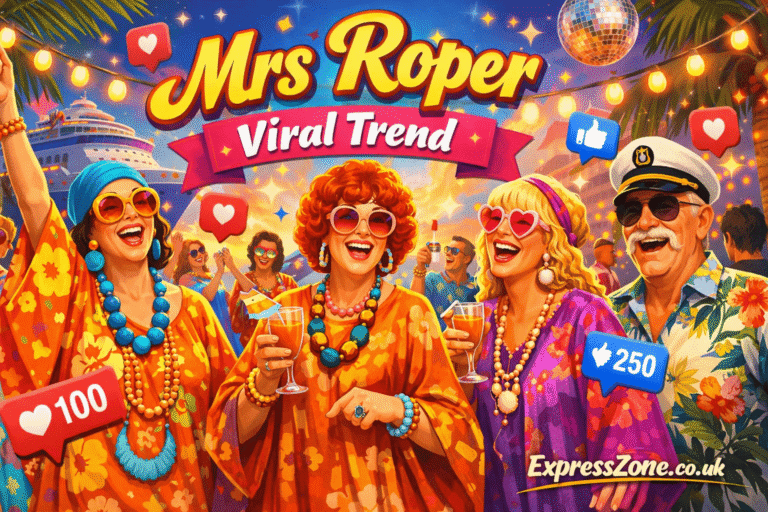 Illustration of the Mrs Roper trend 2026 showing people in colorful caftans enjoying a themed gathering