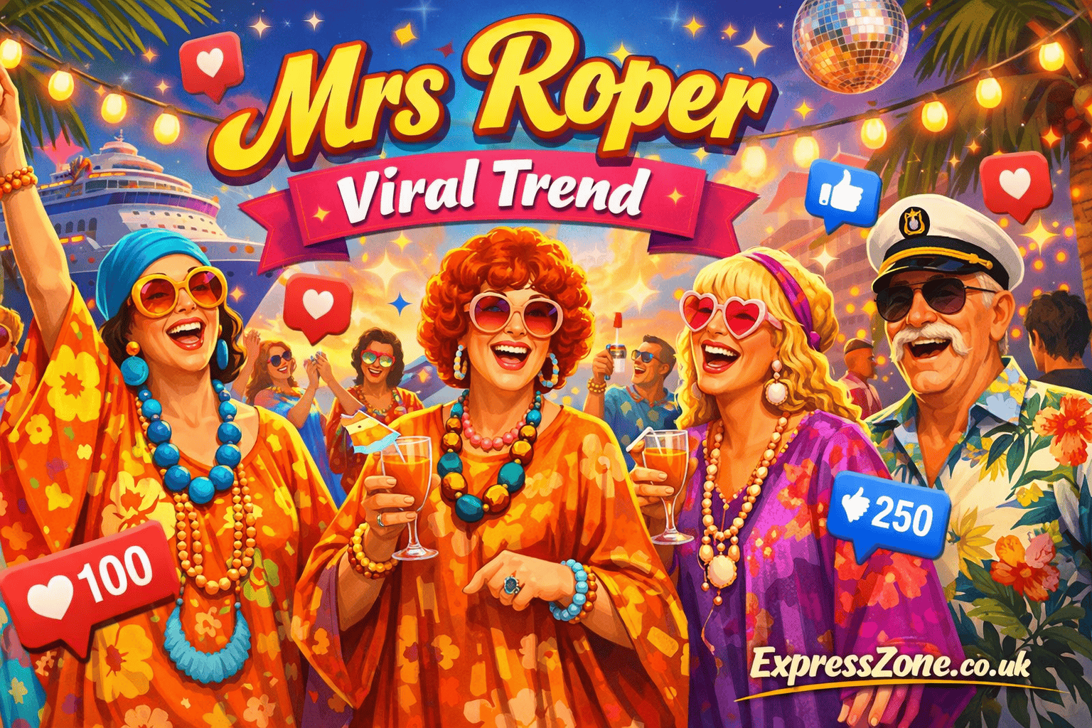 Illustration of the Mrs Roper trend 2026 showing people in colorful caftans enjoying a themed gathering