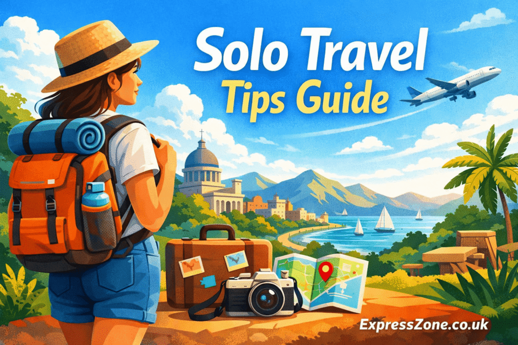 Solo Travel Tips – Confident traveler exploring scenic city and nature landscape with backpack and map