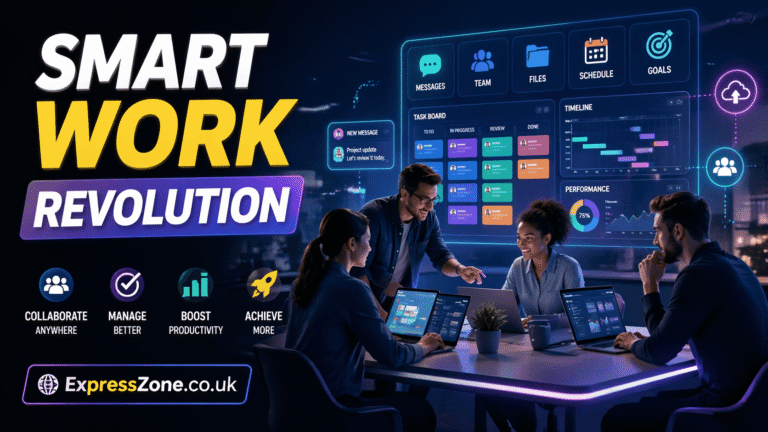 Futuristic office team working on dashboards showing dasberflo smart collaboration tools improving productivity and teamwork efficiency