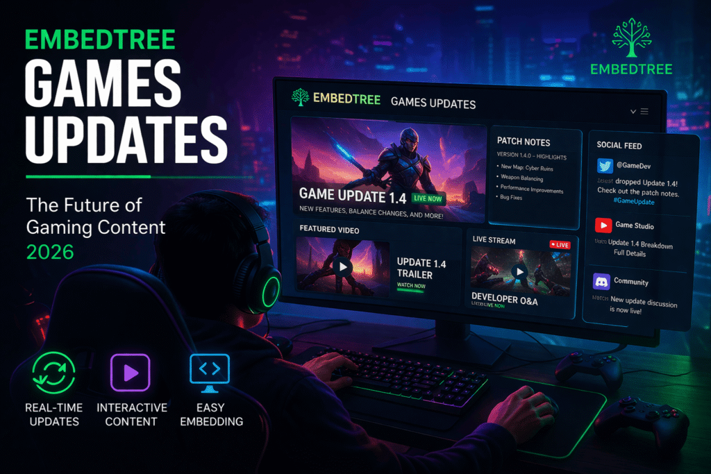 Gamer using EmbedTree games updates dashboard with real-time patch notes, live streams, and interactive content