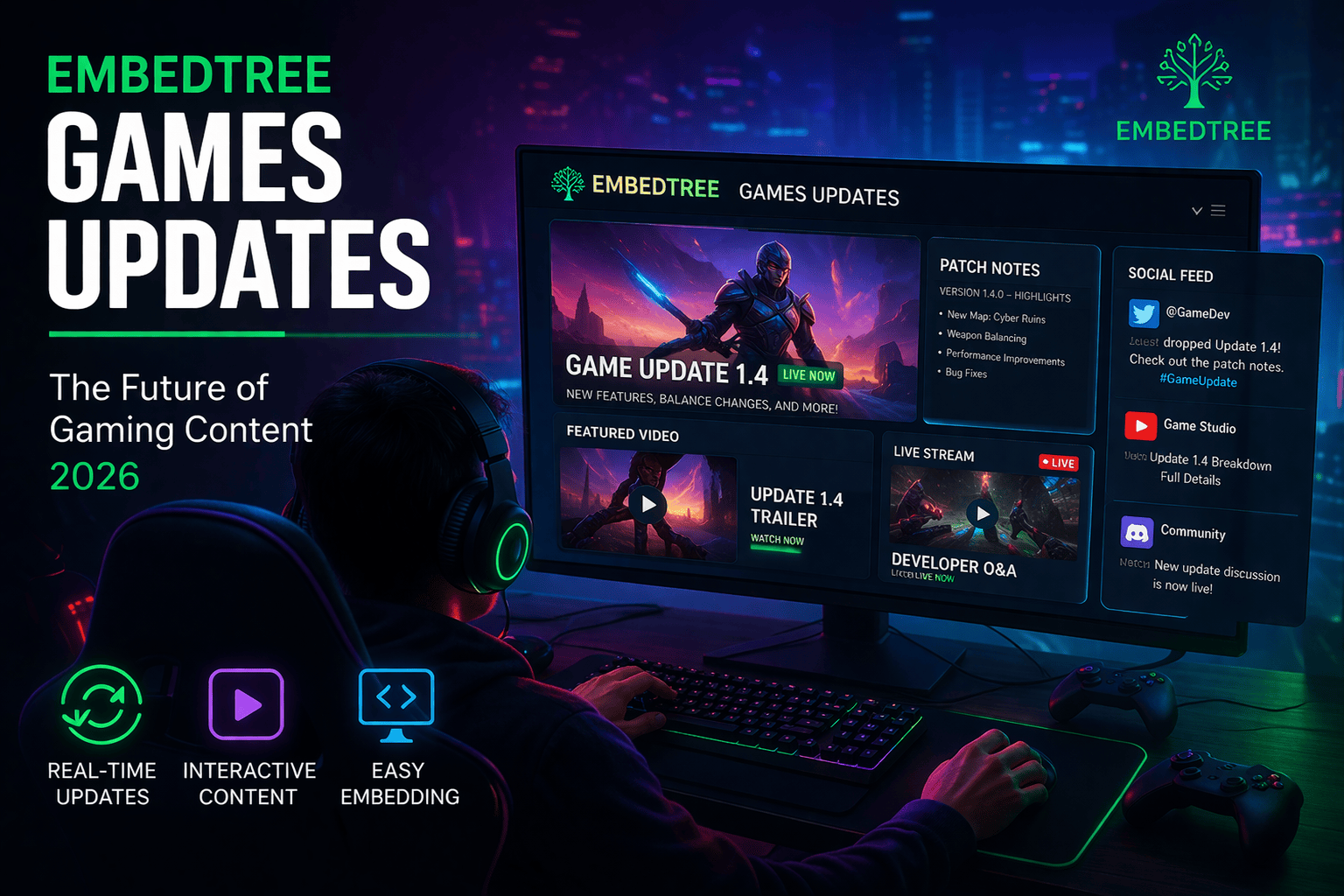 Gamer using EmbedTree games updates dashboard with real-time patch notes, live streams, and interactive content
