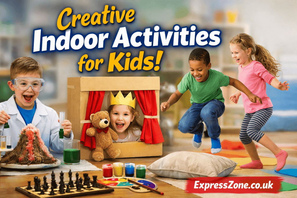 Children enjoying indoor activities for kids with crafts, games, and learning at home
