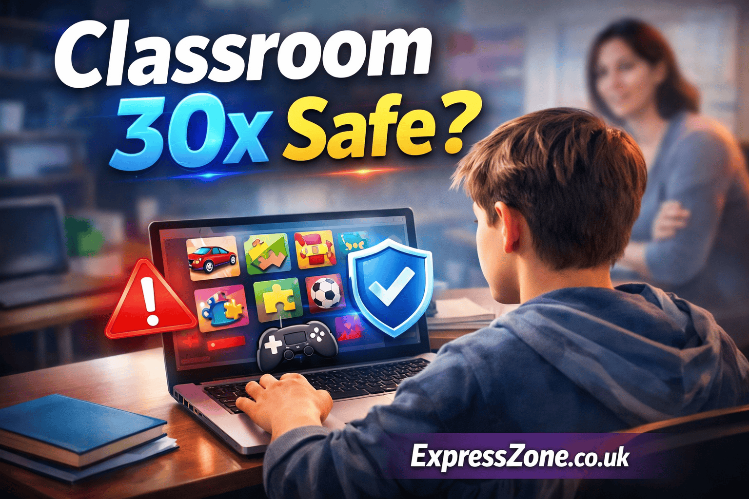 Student using laptop with classroom 30x games and safety warning icons showing risks and safe browsing awareness