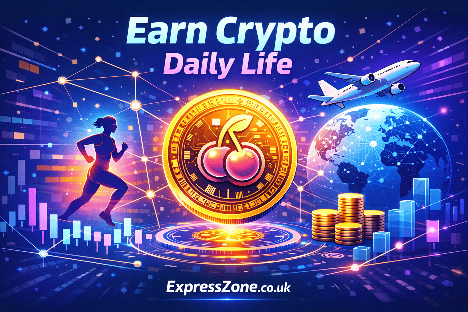 milohacherry coin 2D illustration showing lifestyle crypto rewards for fitness, travel, and daily activities
