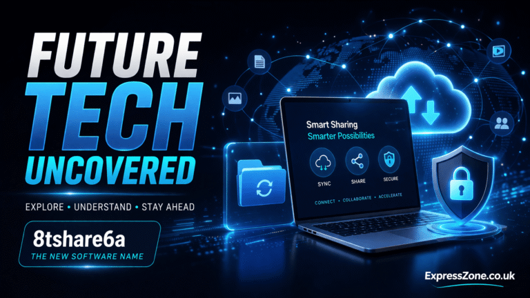 new software name 8tshare6a futuristic tech banner showing cloud computing, file sharing, and cybersecurity interface design