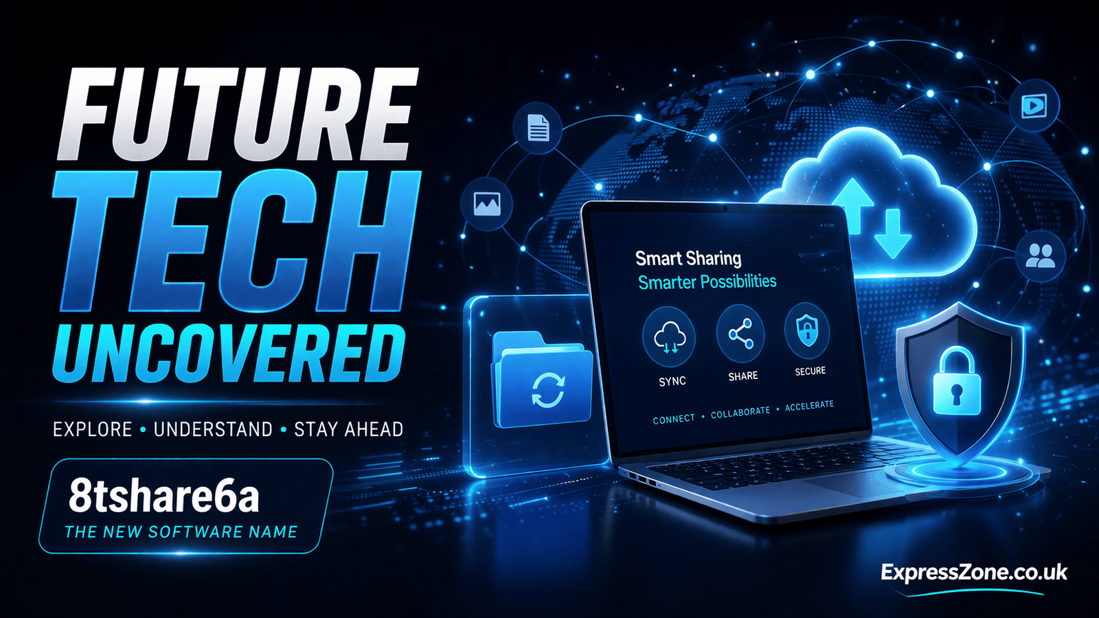 new software name 8tshare6a futuristic tech banner showing cloud computing, file sharing, and cybersecurity interface design