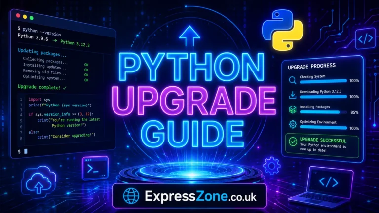 PYTHON UPGRADE GUIDE futuristic tech illustration with Python coding terminal, software update progress, and neon background
