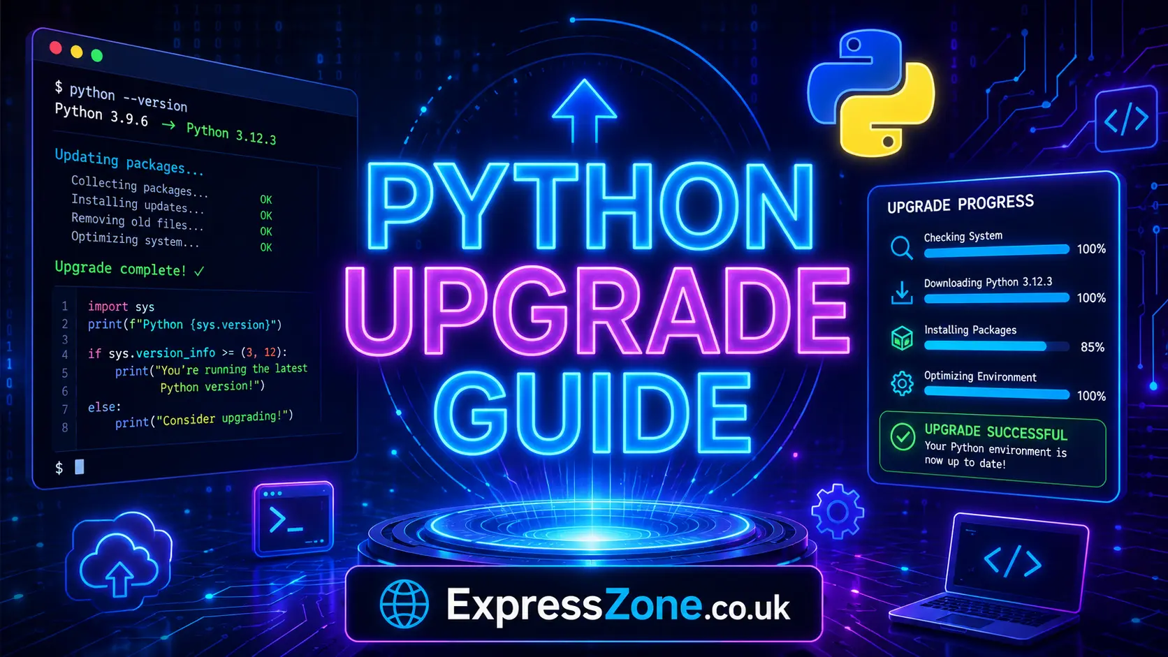 PYTHON UPGRADE GUIDE futuristic tech illustration with Python coding terminal, software update progress, and neon background