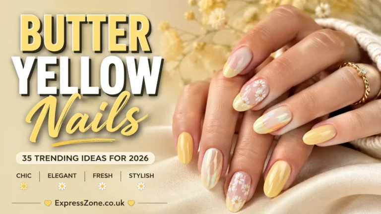Butter yellow nails featuring French tips, floral designs, glossy finishes, and chrome nail art ideas for 2026.