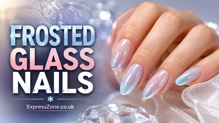 Frosted glass nails featuring icy blue, soft pink, and translucent glossy nail designs.
